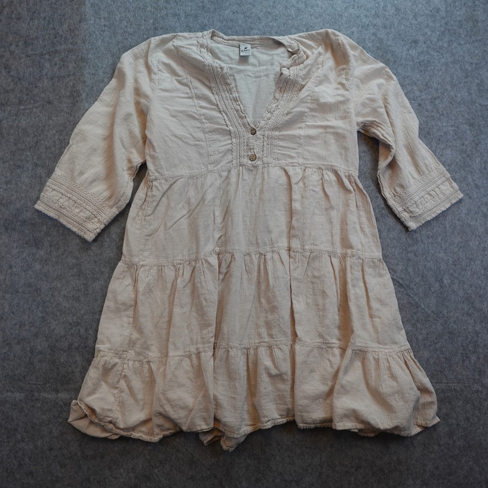 Blanco Dress Women Large‎ Beige Tiered Boho Crochet Lace V Neck Cotton Mini Peru